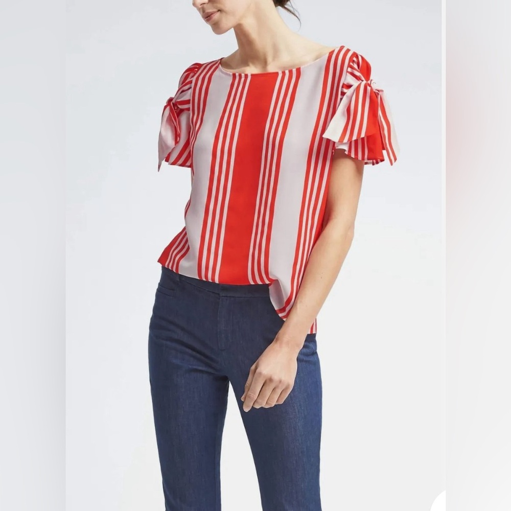 Banana Republic Red White Striped Bow Sleeve Shirt Blouse Top Women